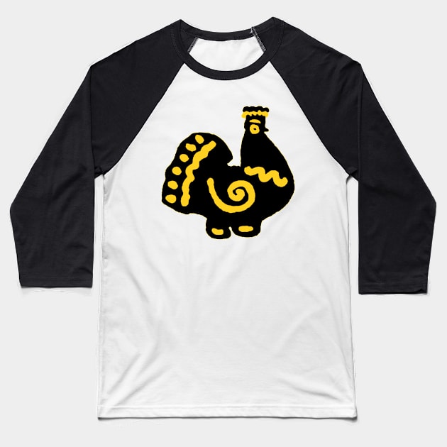 Black and Yellow Chicken Doodle Baseball T-Shirt by katmargoli